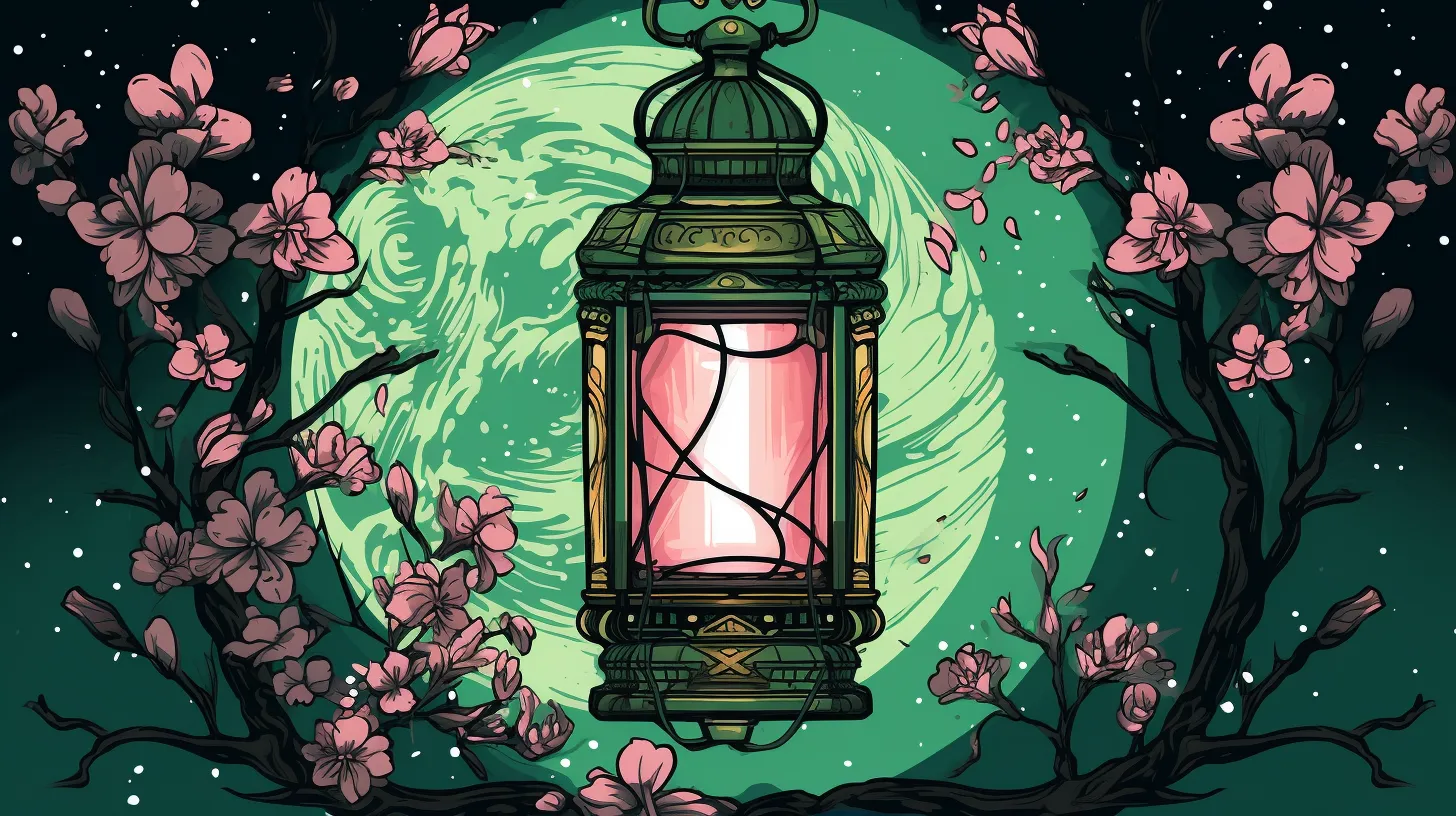 an image of a lantern with green and pink color in front of the moon representing the 1st lunar day