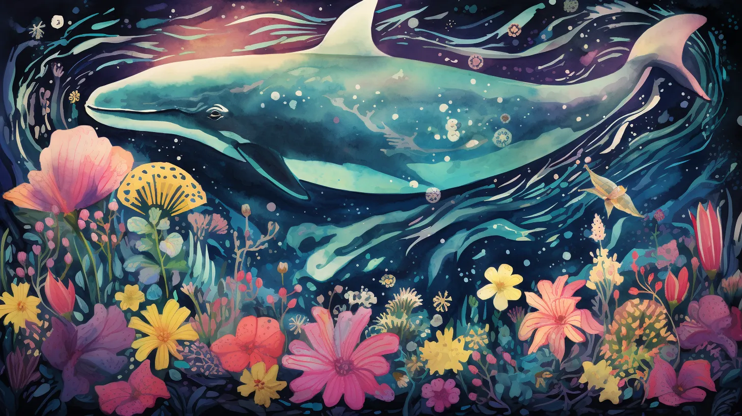 A painting of a whale in the sea with flowers on the bottom.