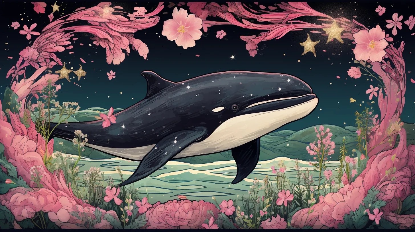 A Whale floats among the stars, there is a pink and green banner of flowers along the edges