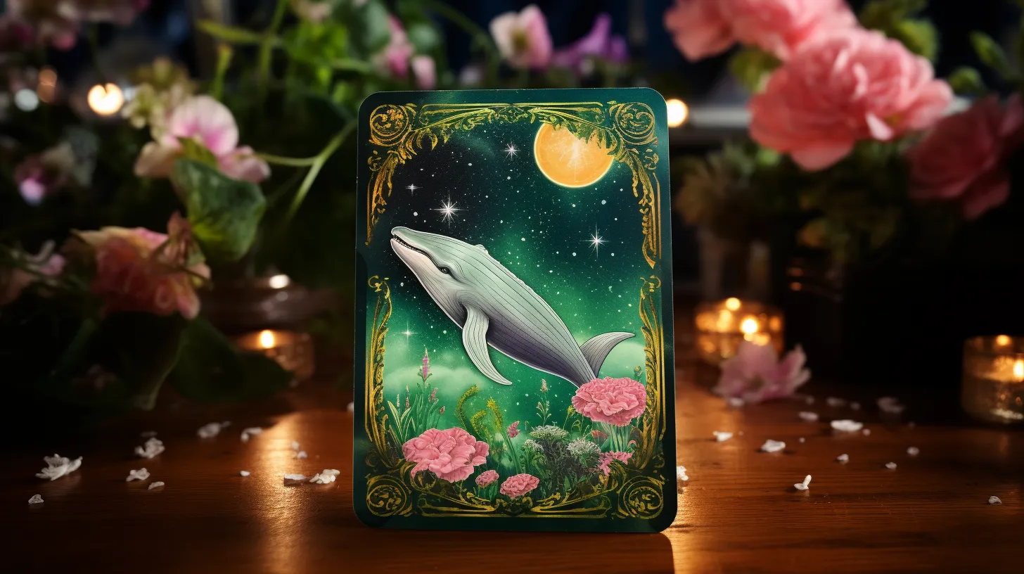 A tarot card on a table with a picture of a whale and a moon on it, that is surrounded by flowers