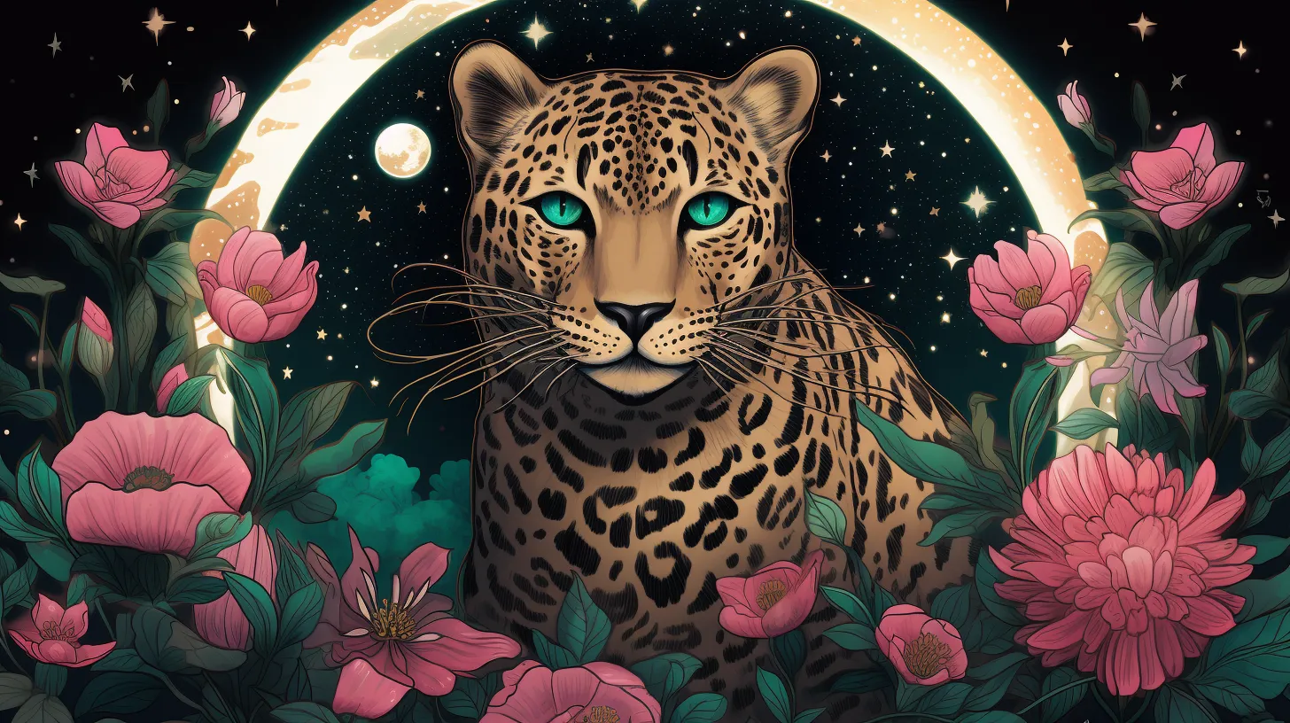 A Leopard stares into your soul in front of the moon and stars and surrounded by flowers