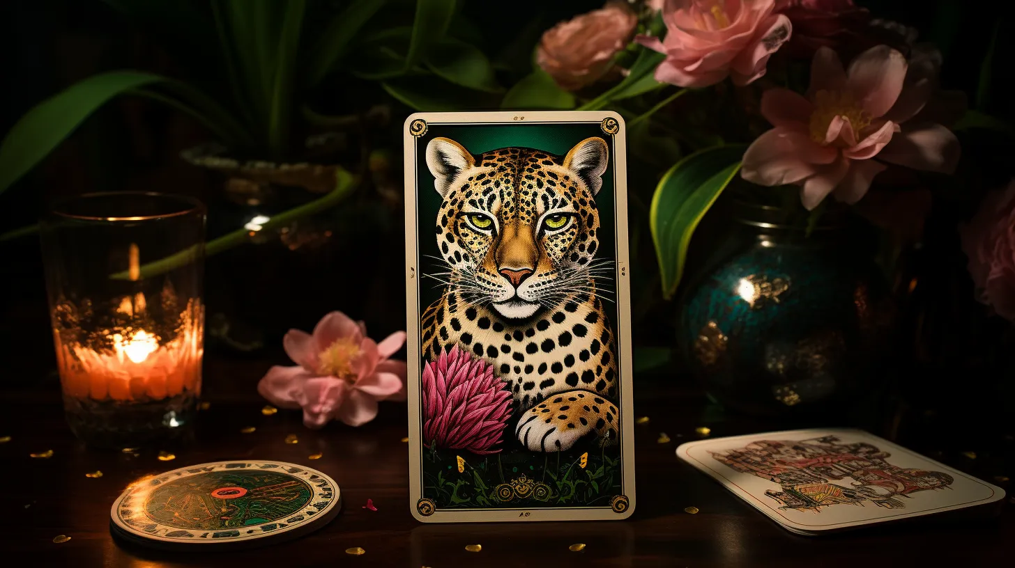 A tarot card on a table with the face of the Leopard. There are candles and flower vases.