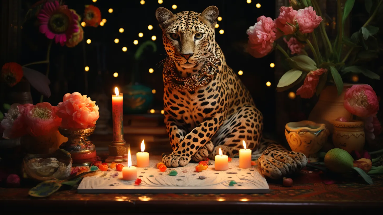 A leopard adorned with gold sits on a mystic's table adorned with flowers and candles