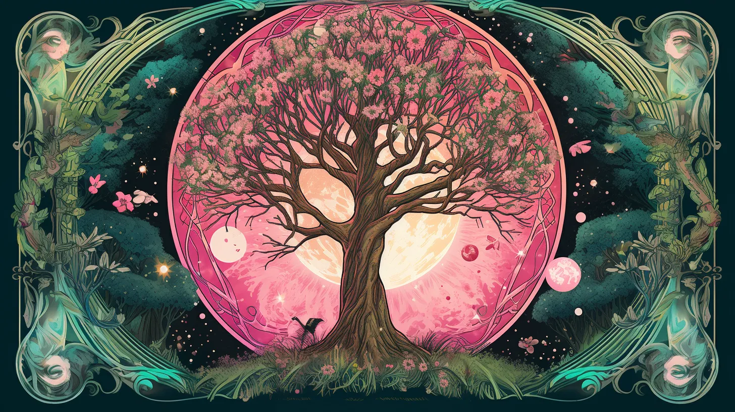 an image of a massive tree stands in front of a giant pink moon surrounded by stars and flowers