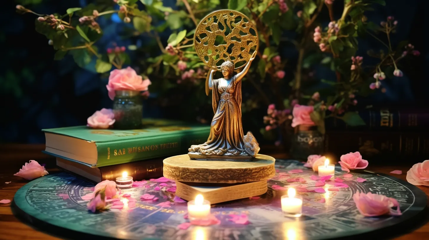 A statue of a woman holding a symbol of a tree sits on a desk surrounded by candles and books in front of flowers