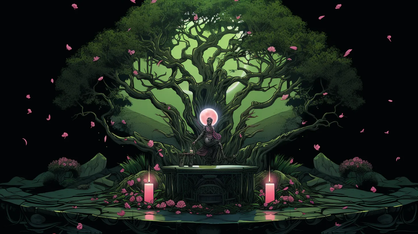 A statue of a woman sits in front of an ancient tree surrounded by flowers and candles under the moonlight