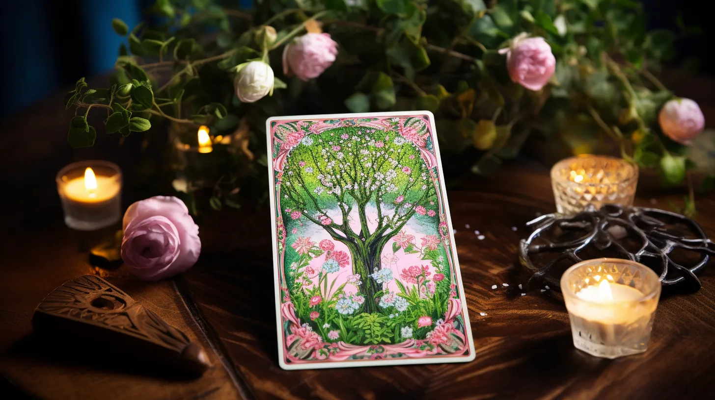 A tarot card of a pink and green tree sits on a desk with flowers and candles