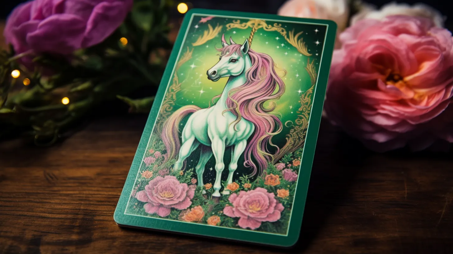 A tarot card with a picture of a unicorn with a pink mane is on a table with candles and flowers