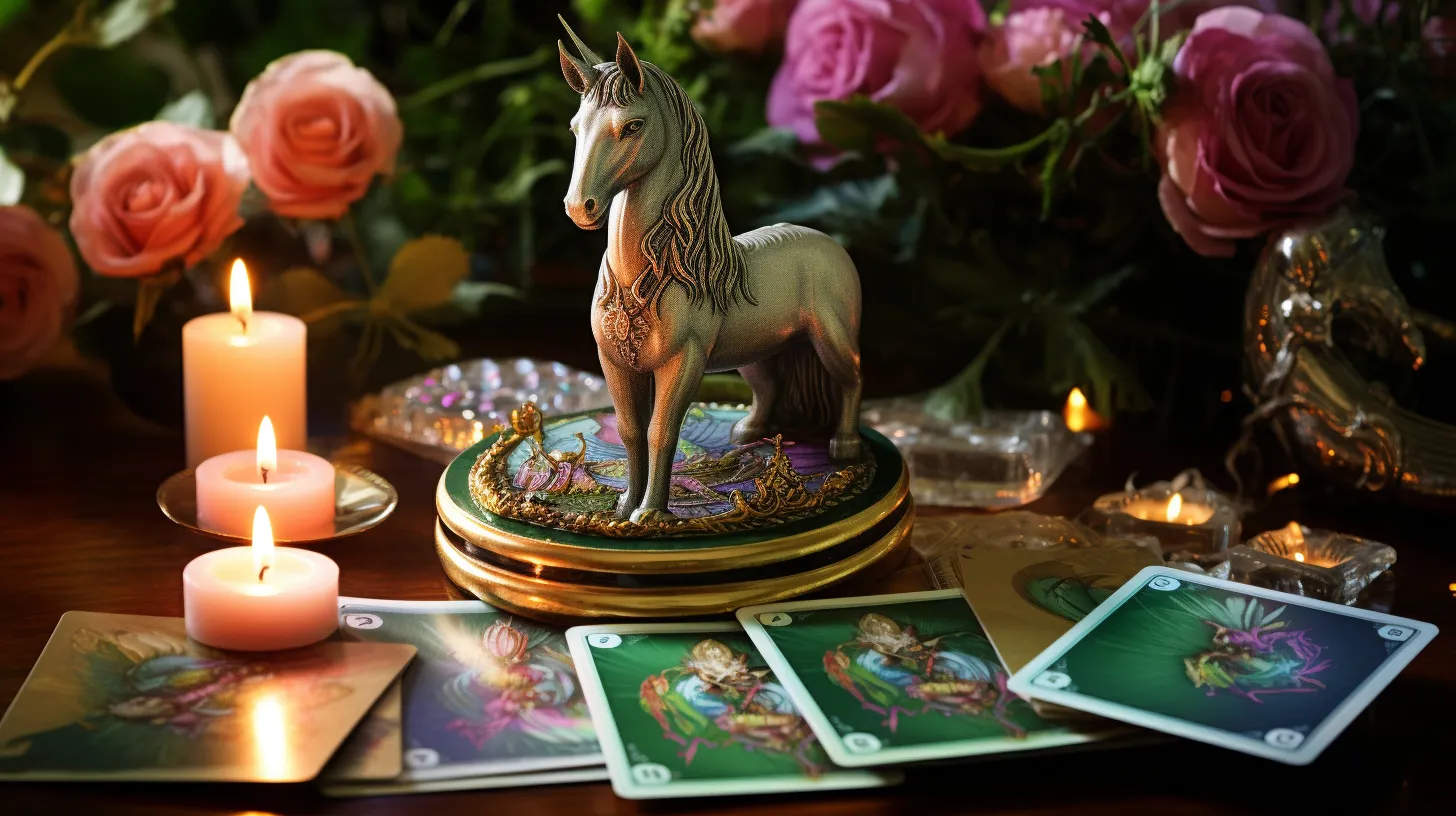 A statue of a unicorn sits on a desk with tarot cards, candles, and flowers