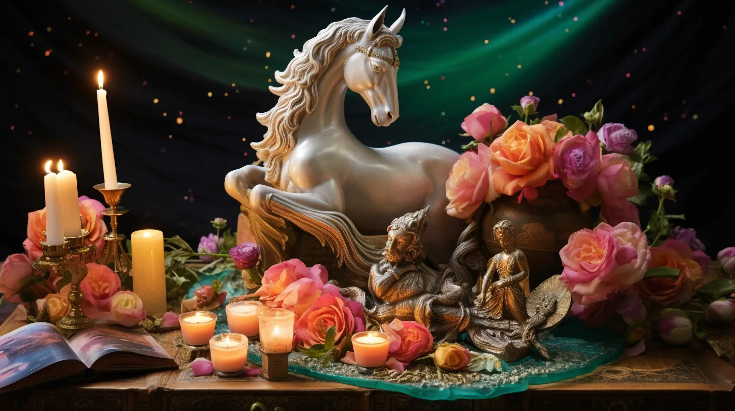 A statue of a unicorn sits on a desk with tarot cards, candles, and flowers