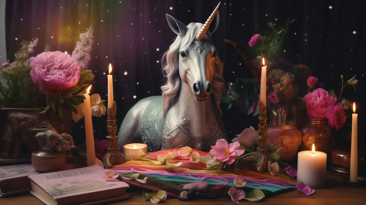 A Unicorn stands behind a desk covered in flowers and sacred texts