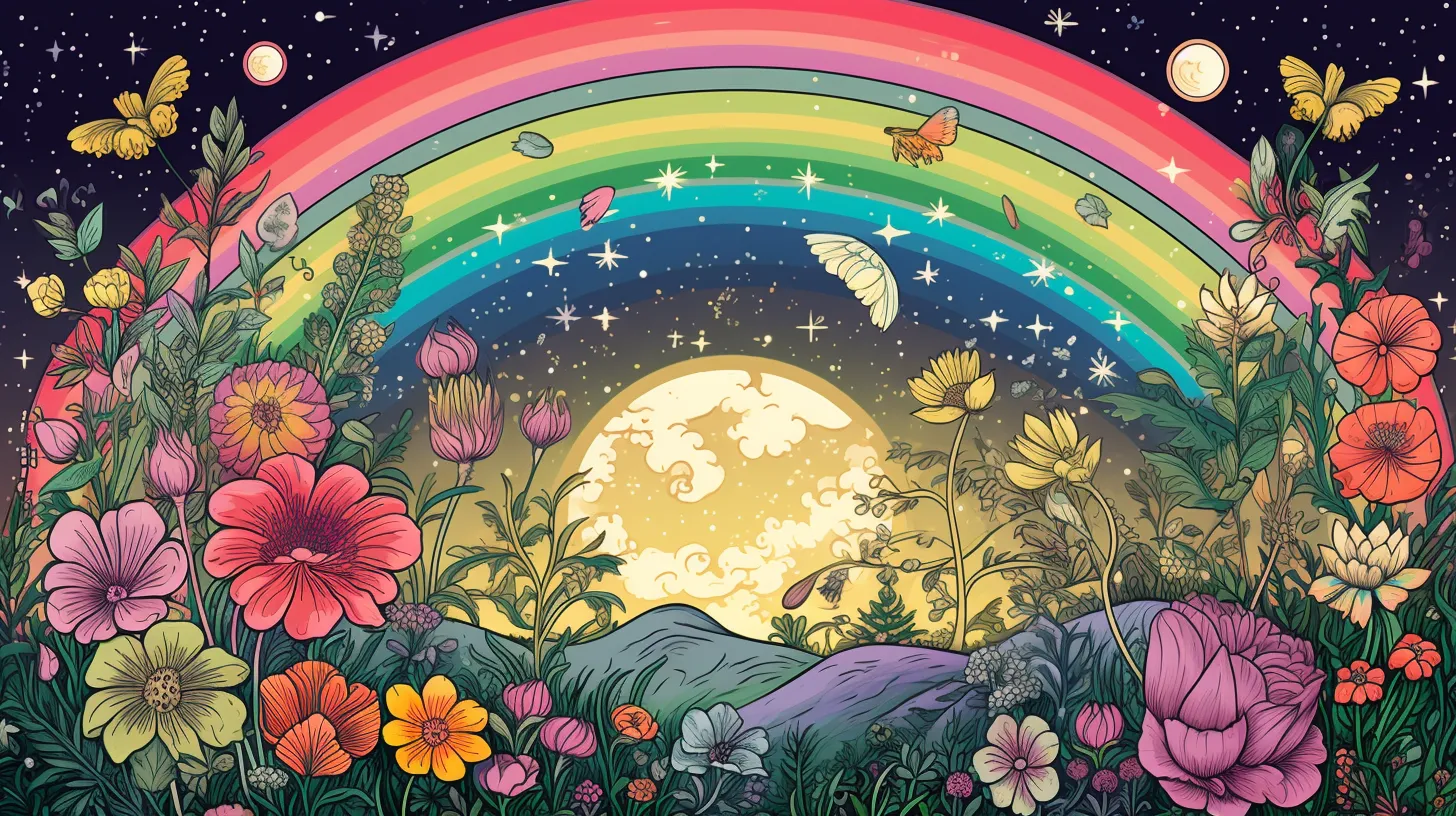 A Rainbow of all colors glows over a bright moon surrounded by flowers in a valley