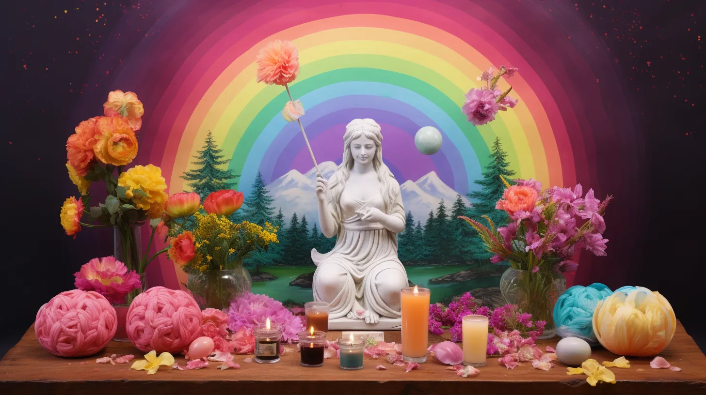 A statue of a woman sits under a rainbow on top of a desk surrounded by candles and flowers