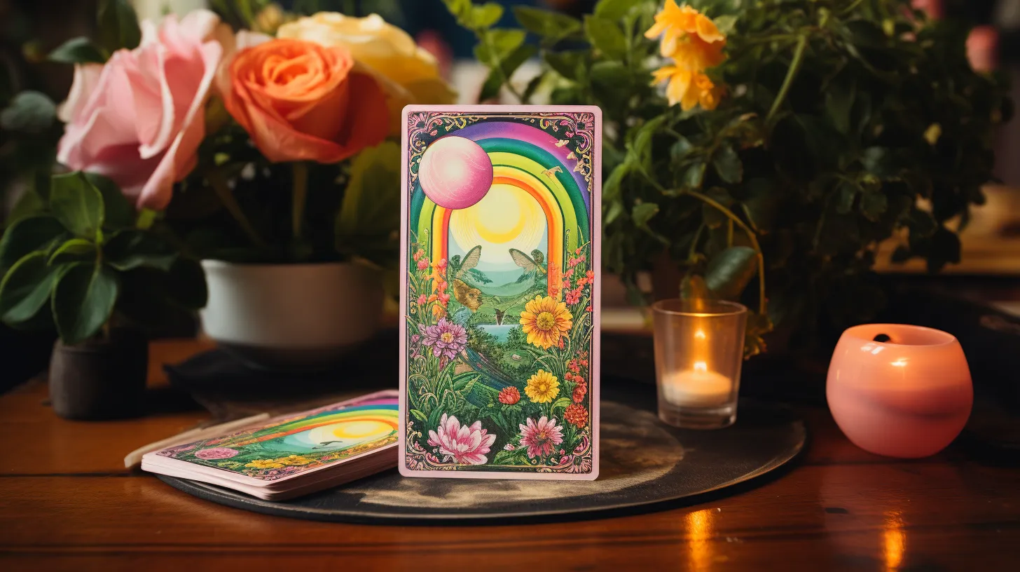 A tarot card with a rainbow and the moon on it sits on a table with candles and flowers