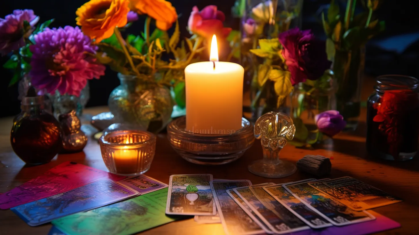 A candle on a desk shines rainbow colors onto cards below it. There are flowers in vases in the background