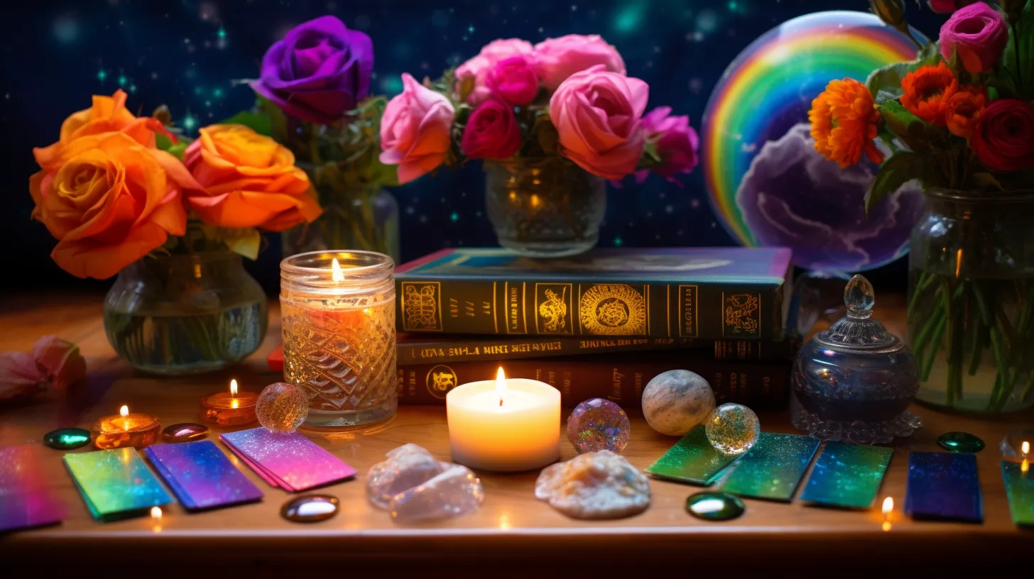 An assortment of mystical objects, orbs. candles, stones, all glowing with the colors of the rainbow on a desk
