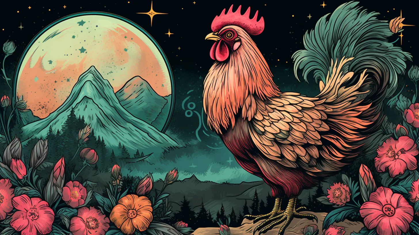 A rooster is in a field of flowers in front of the moon and stars