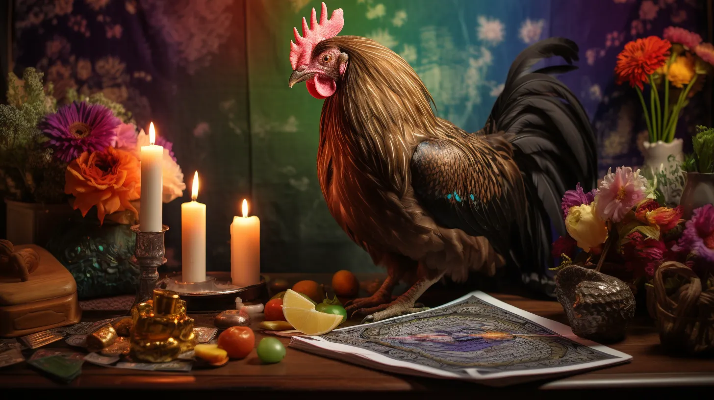 A rooster stands atop a desk covered in mystical objects, symbols, and candles
