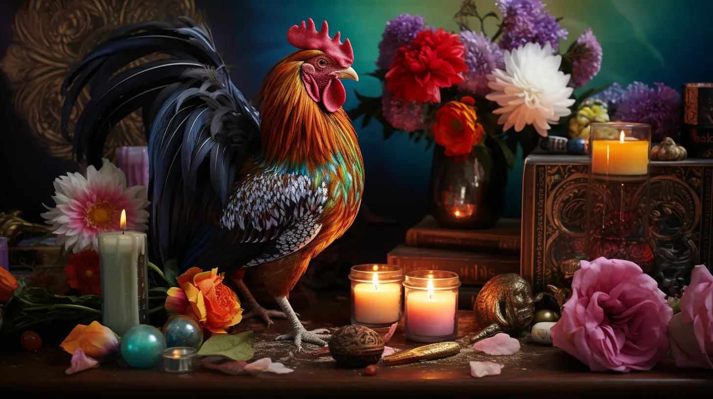 A rooster stands atop a desk covered in mystical objects, symbols, and candles