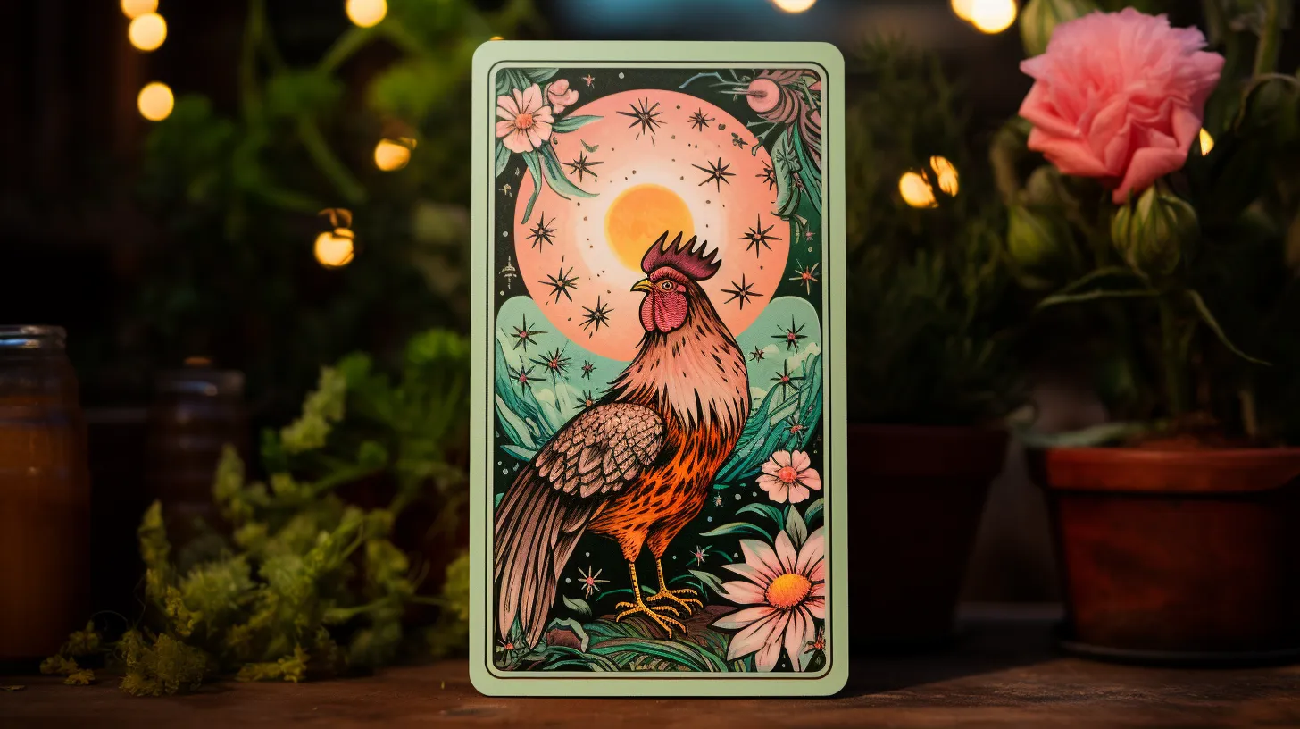 A tarot card with a picture of a rooster on it sits on a table with pink flowers and plants