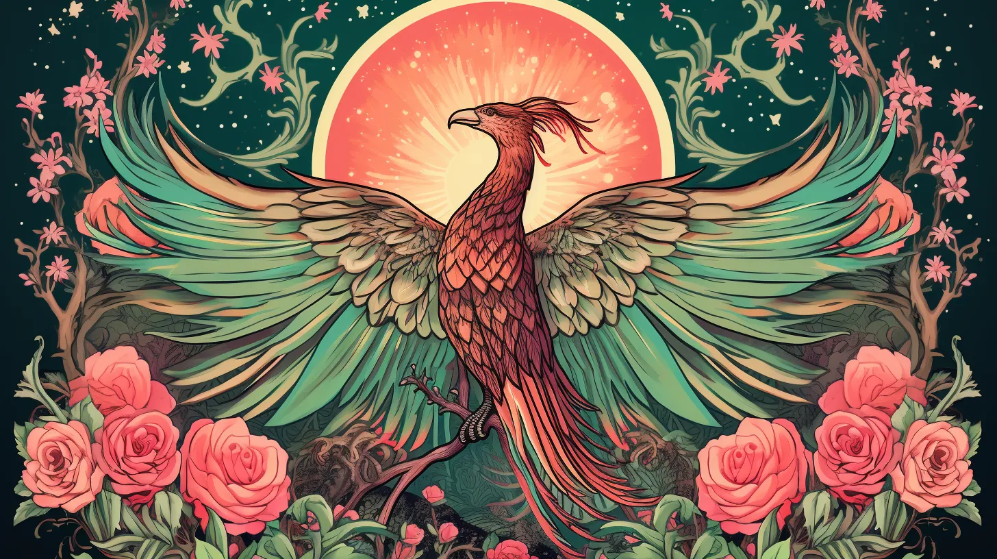 A phoenix spreads its wings in front of the sun and moon and stars near flowers