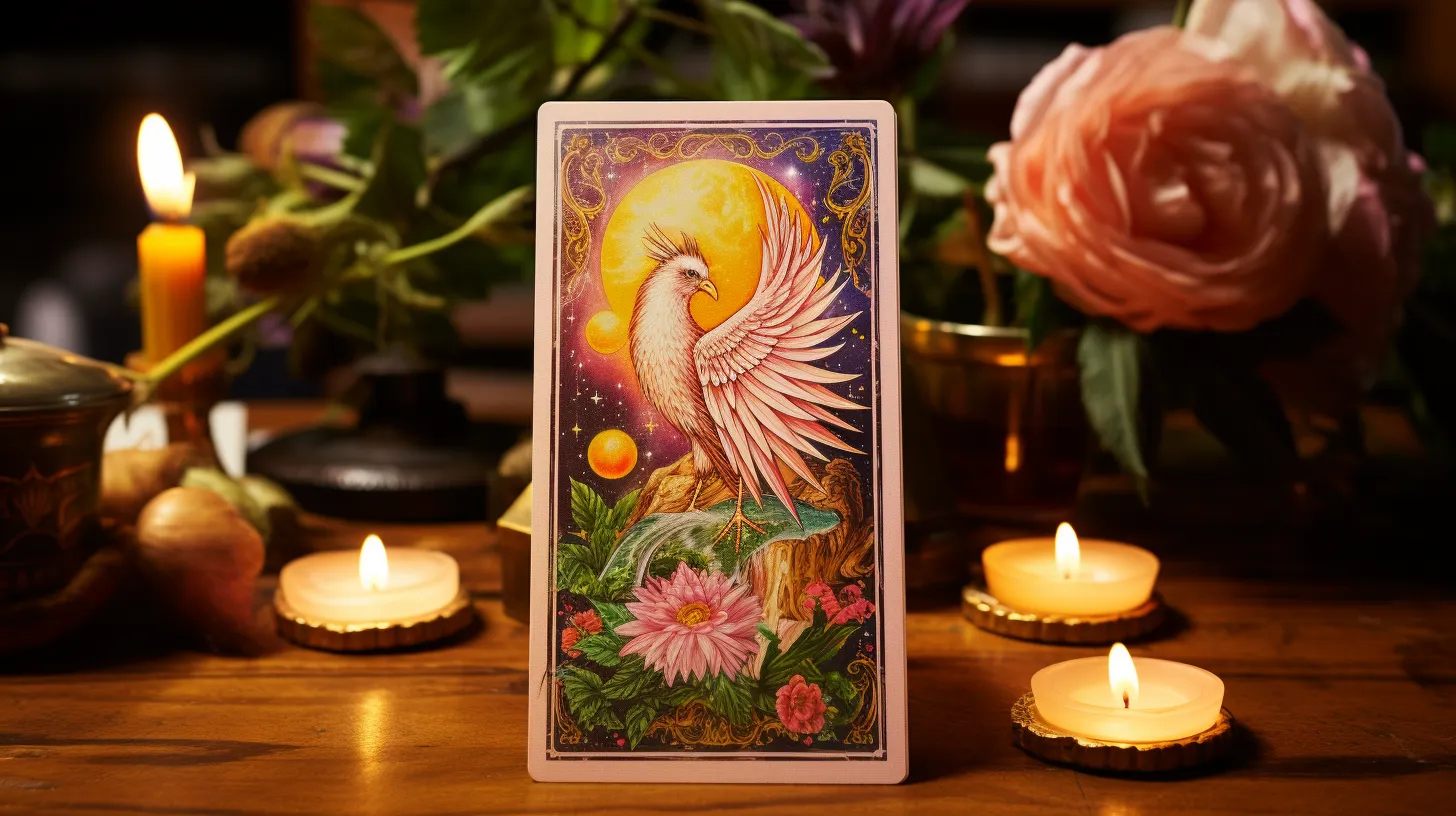 A tarot card of a phoenix on a table with flowers and candles in the background