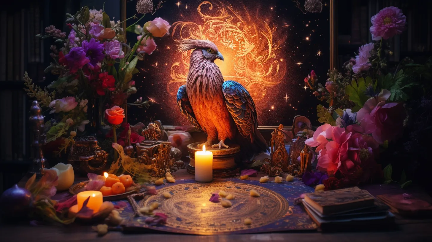 A phoenix sits on a stand behind a mystical rug with symbols. There are flowers and a fire symbol in the background
