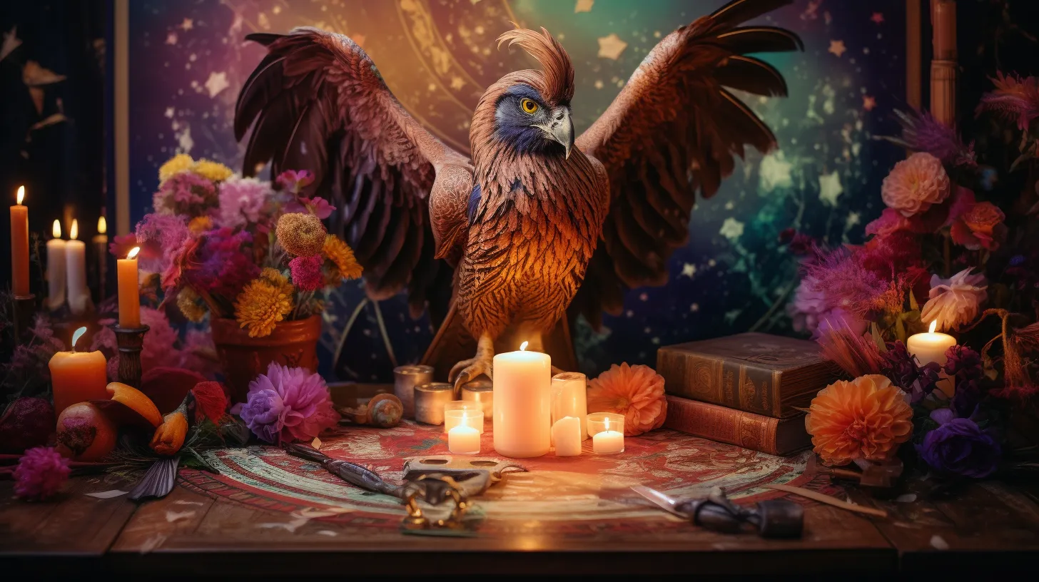 A phoenix spreads its wings over a mystical location with candles and flowers