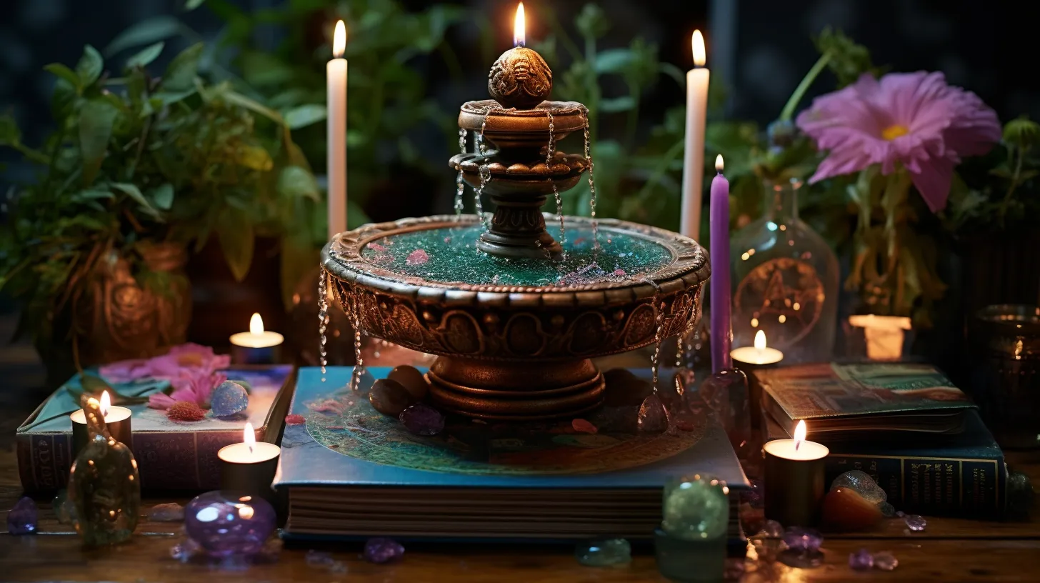 A statue of a fountain overflowing with jewels and gems among mystic treasures, candles, and flowers