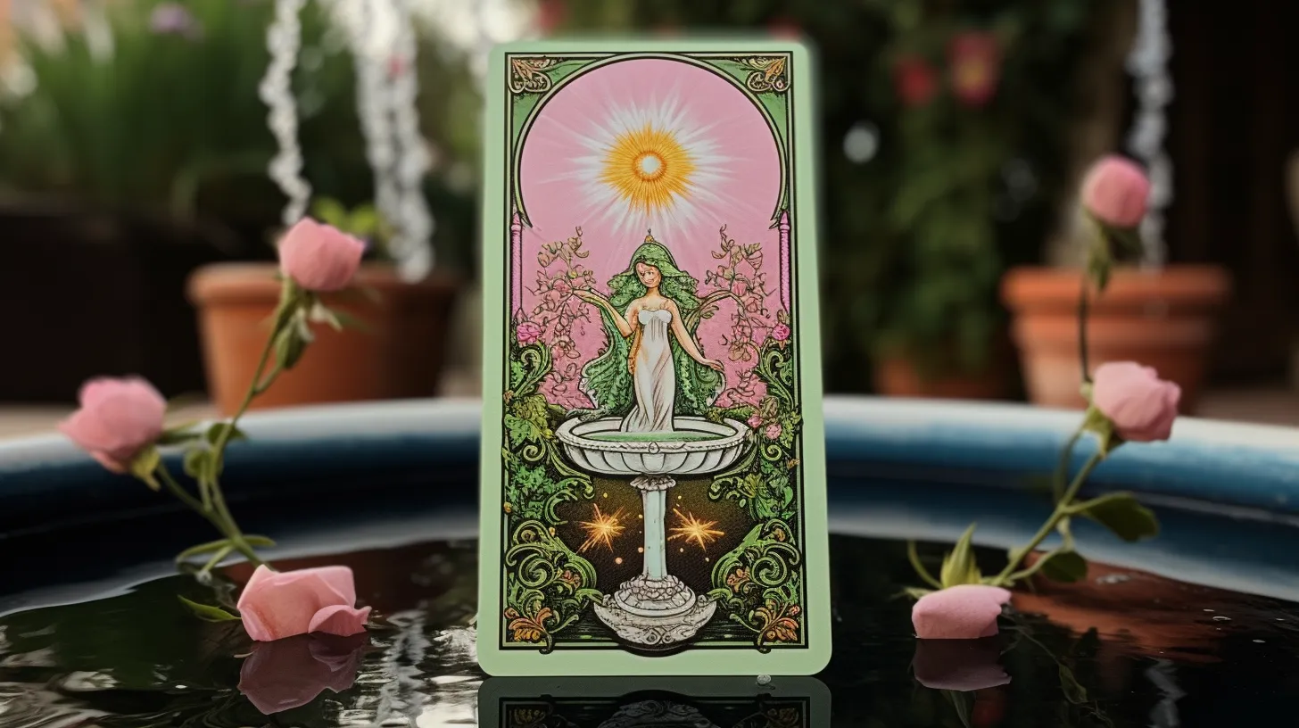 A tarot card of a fountain with the sun crying rivers into it. The card is sitting in bubbling water near flowers