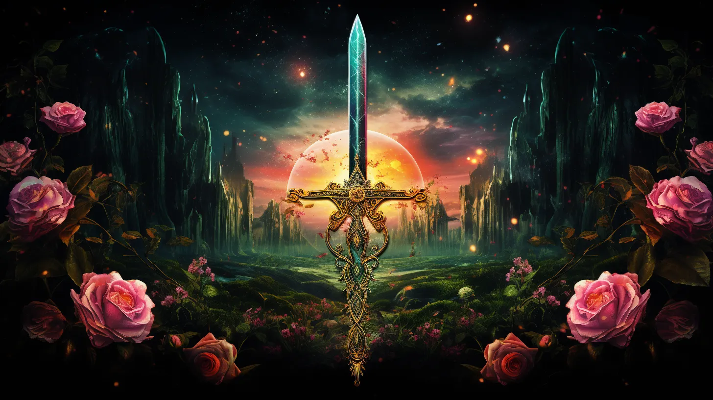 A Golden Fiery Sword sits in front of a rising moon surrounded by cliffs, flowers, and stars