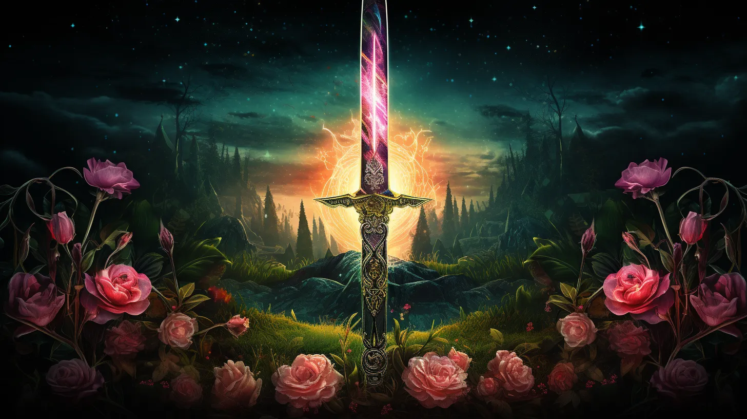 A fiery sword infused with crackling pink energy is raised in front of the sun. It is in a field of pink flowers.