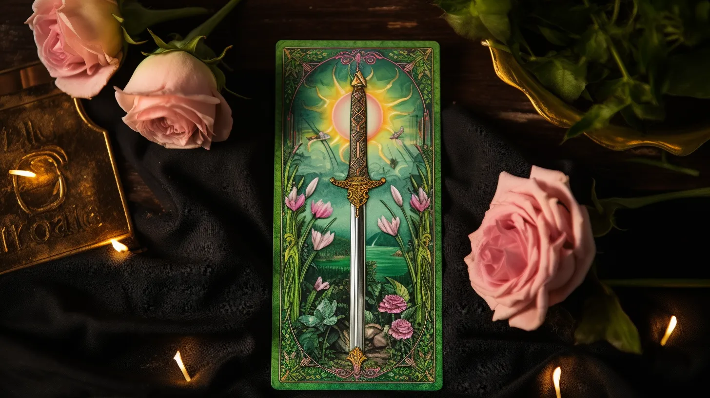 A tarot card of a fiery sword sits on a desk with pink flowers and candles.