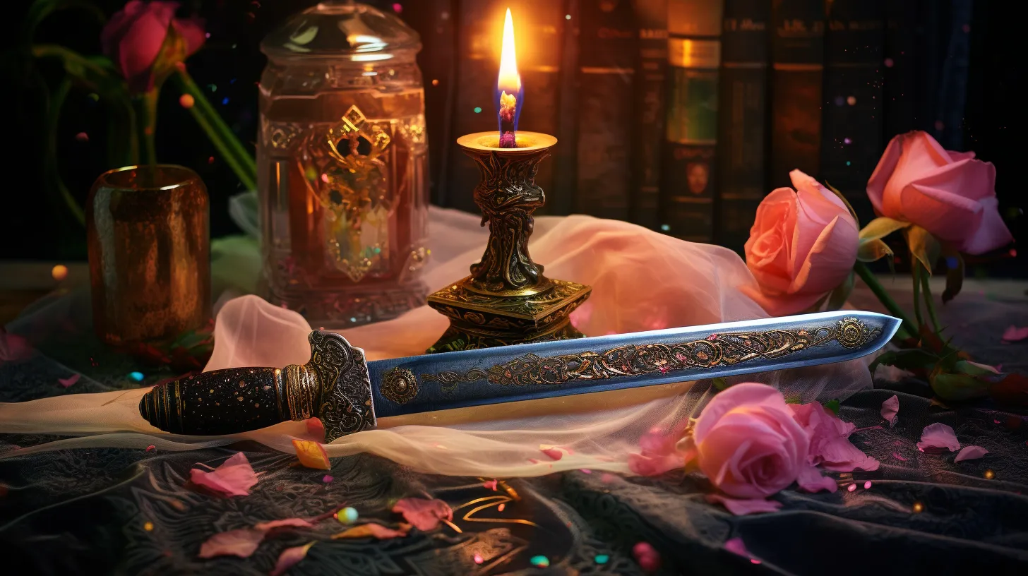 A fiery sword sits on a cloth next to a candle on a table. There are pink flowers and vases near it.