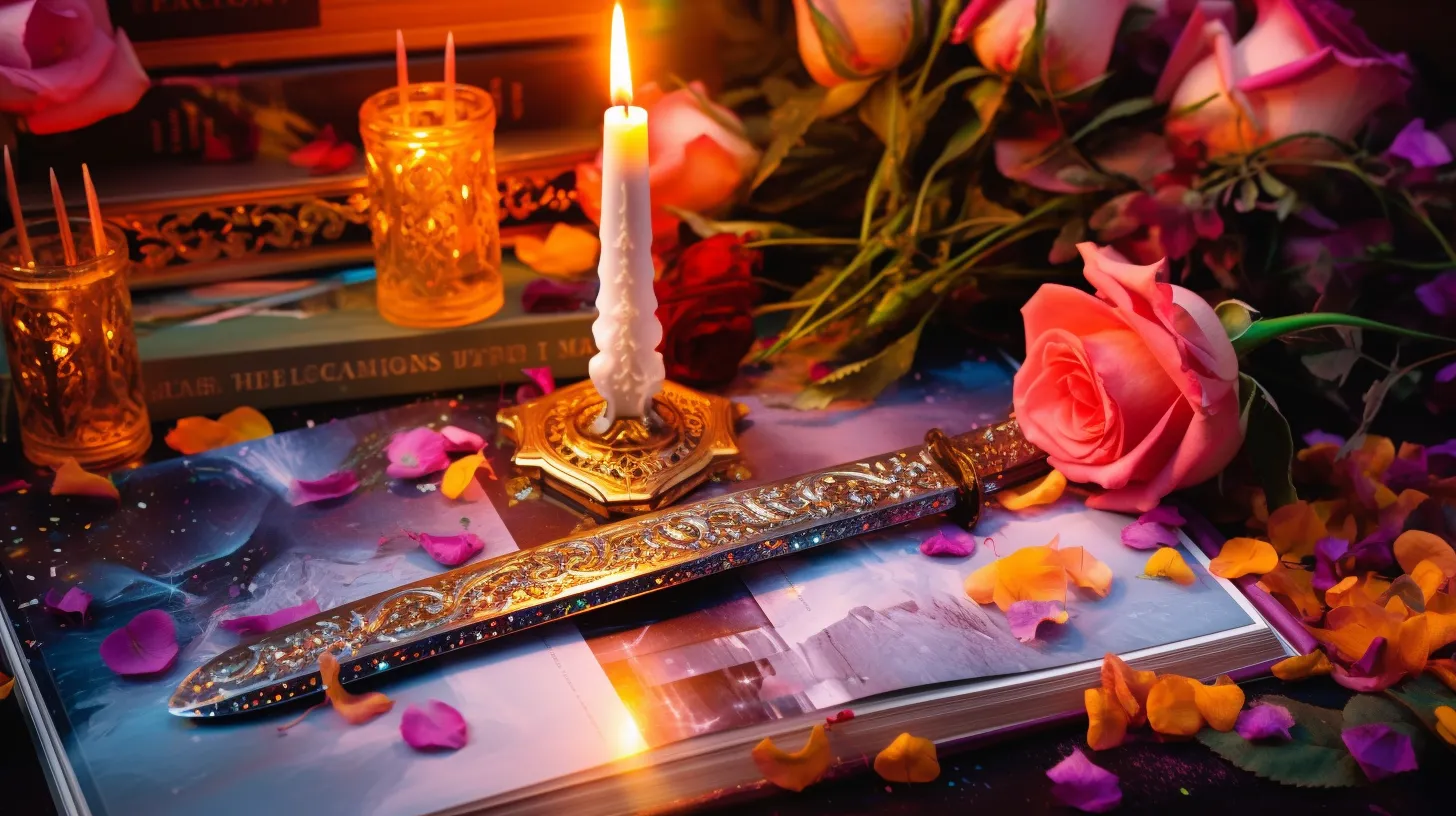 A fiery sword in a decorated sheath sits on a desk next to a candle. There are pink flowers near it.