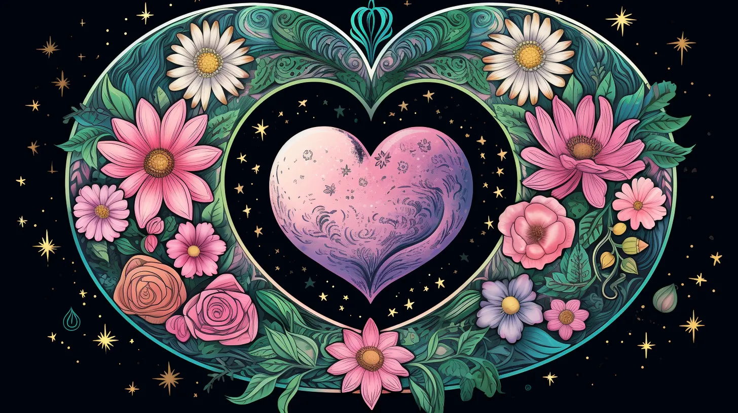 A heart floats in space in front of stars and is surrounded by a wreathe of flowers.
