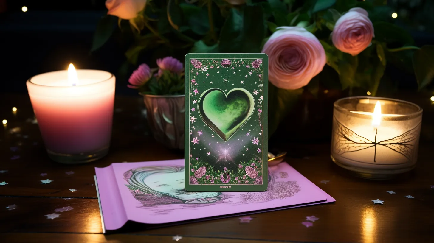 A tarot card of a heart sits on a table. There are pink flowers and candles near it.