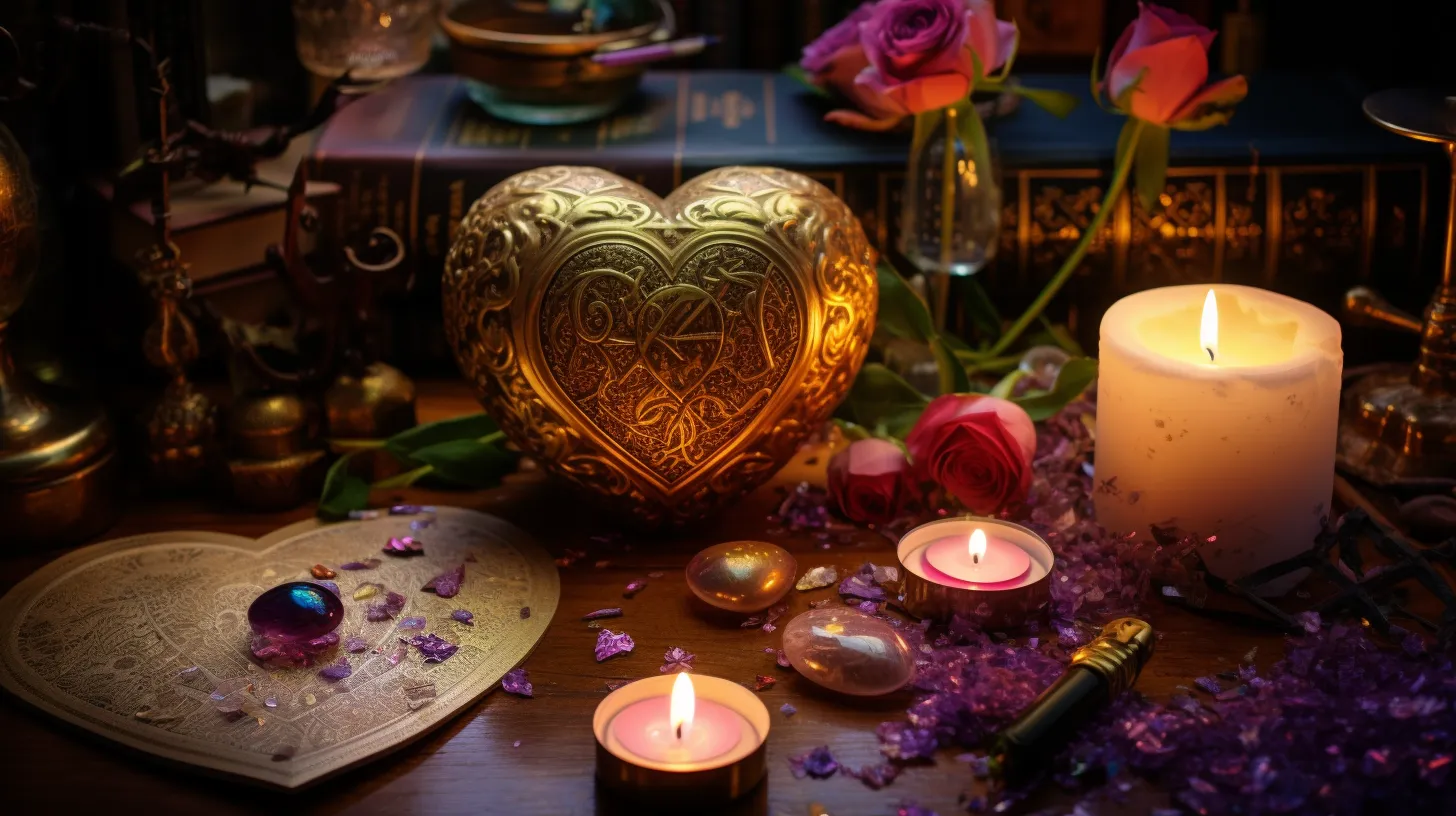 A golden heart decoration sits on a table near jewels and candles. There are pink flowers and the jewels are purple.