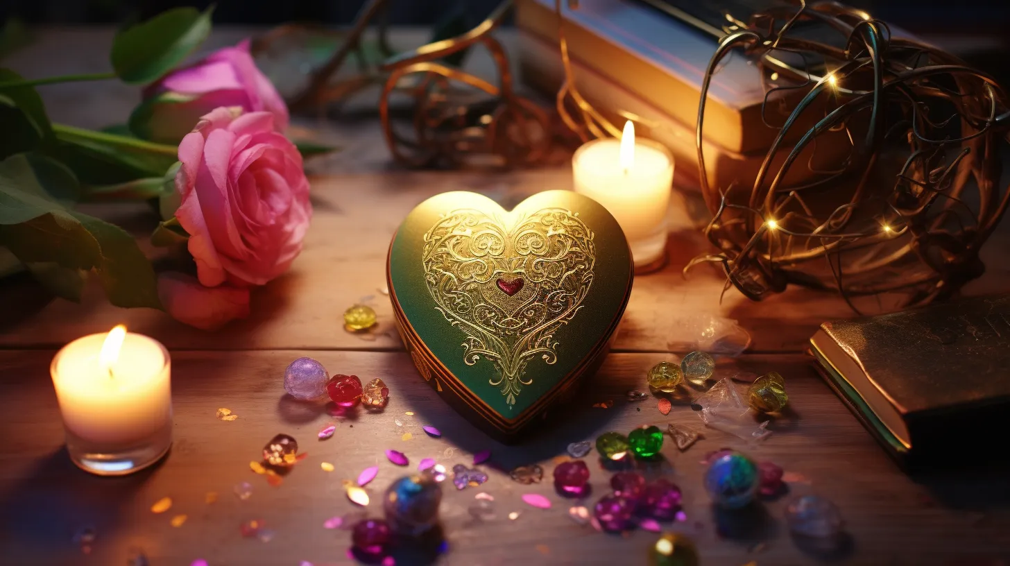 A green heart shaped lock box sits on a desk near many different colored jewels. There are pink flowers and candles near it.