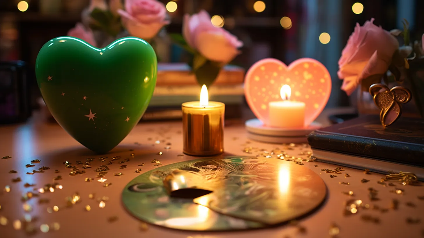 A green heart shaped object sits on a table next to a candle. There are gold star shaped flakes all around as well as pink flowers.