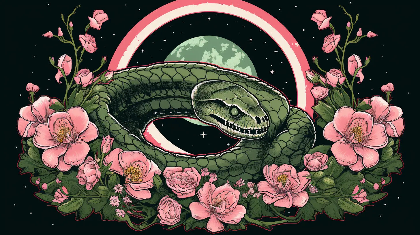 A snake wrapped around itself in front of the moon and flowers