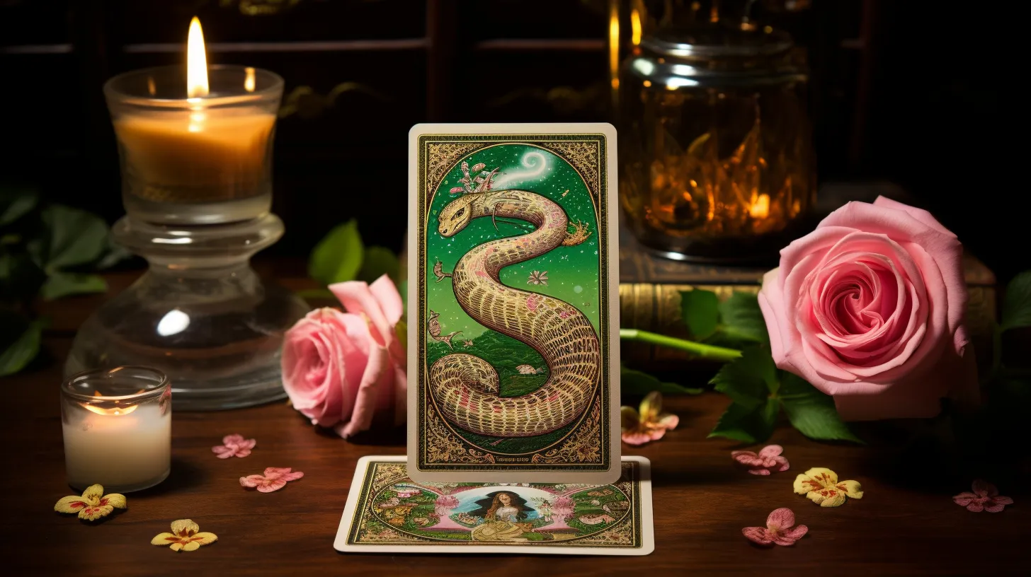 A tarot card of a snake shedding it's skin sits on a table next to candles and pink flowers.