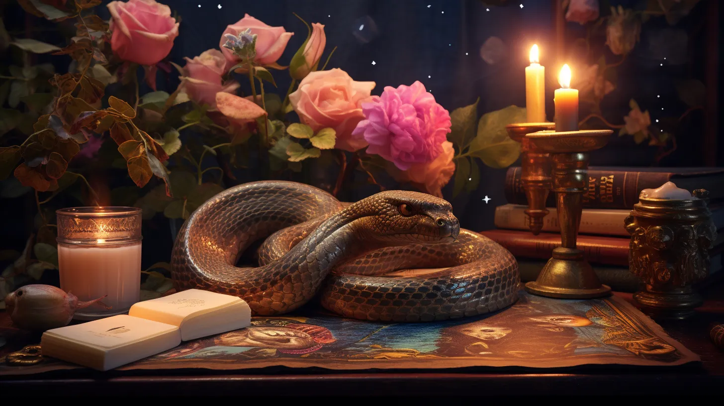 A snake is curled around itself on a desk with books, candles, and pink flowers.