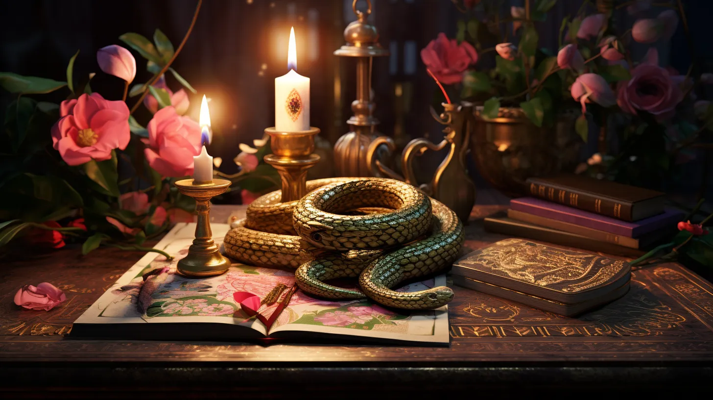 A snake is curled around itself on a desk with books, candles, and pink flowers.