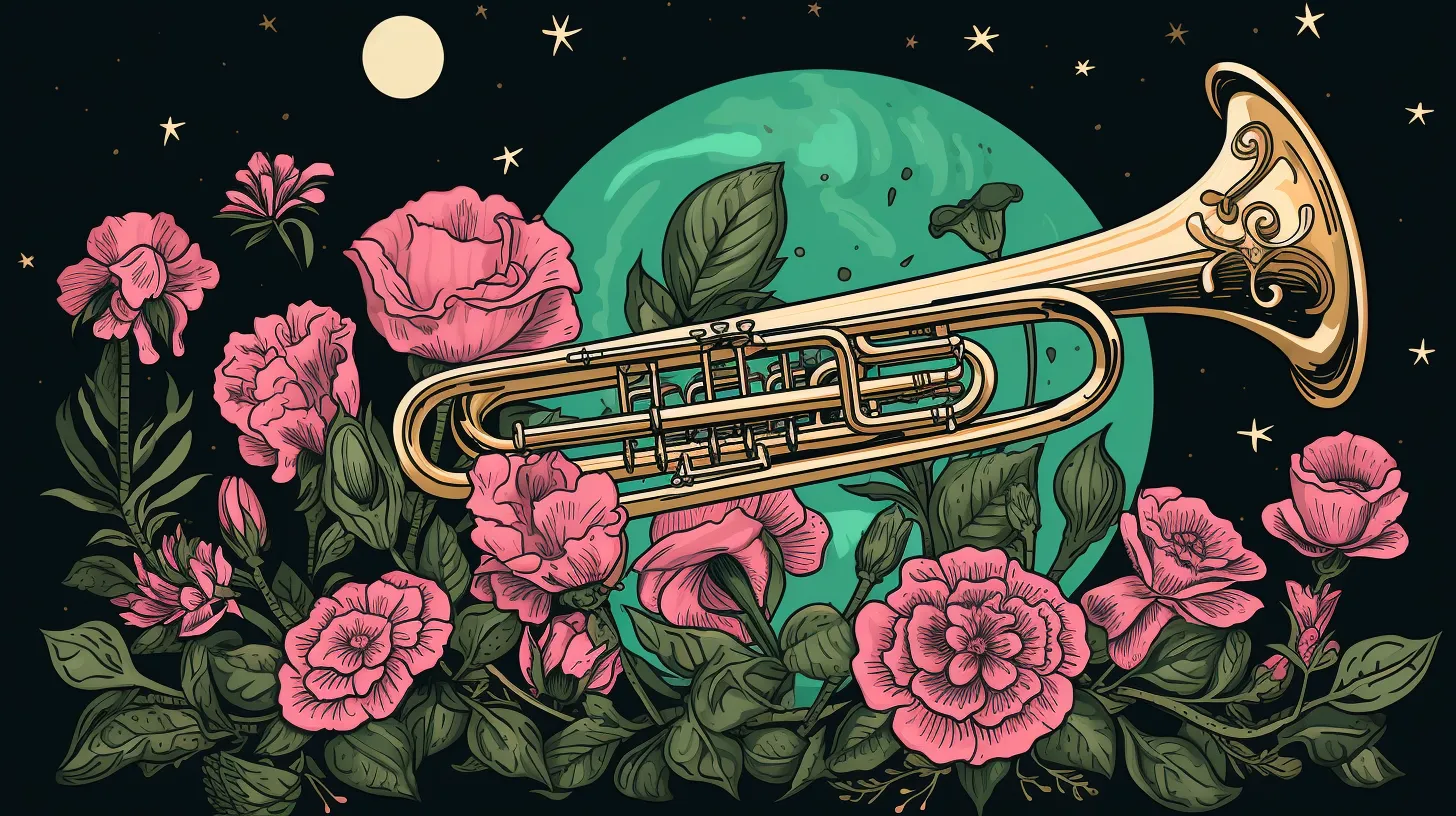 A trumpet sits on top of flowers in front of the moon