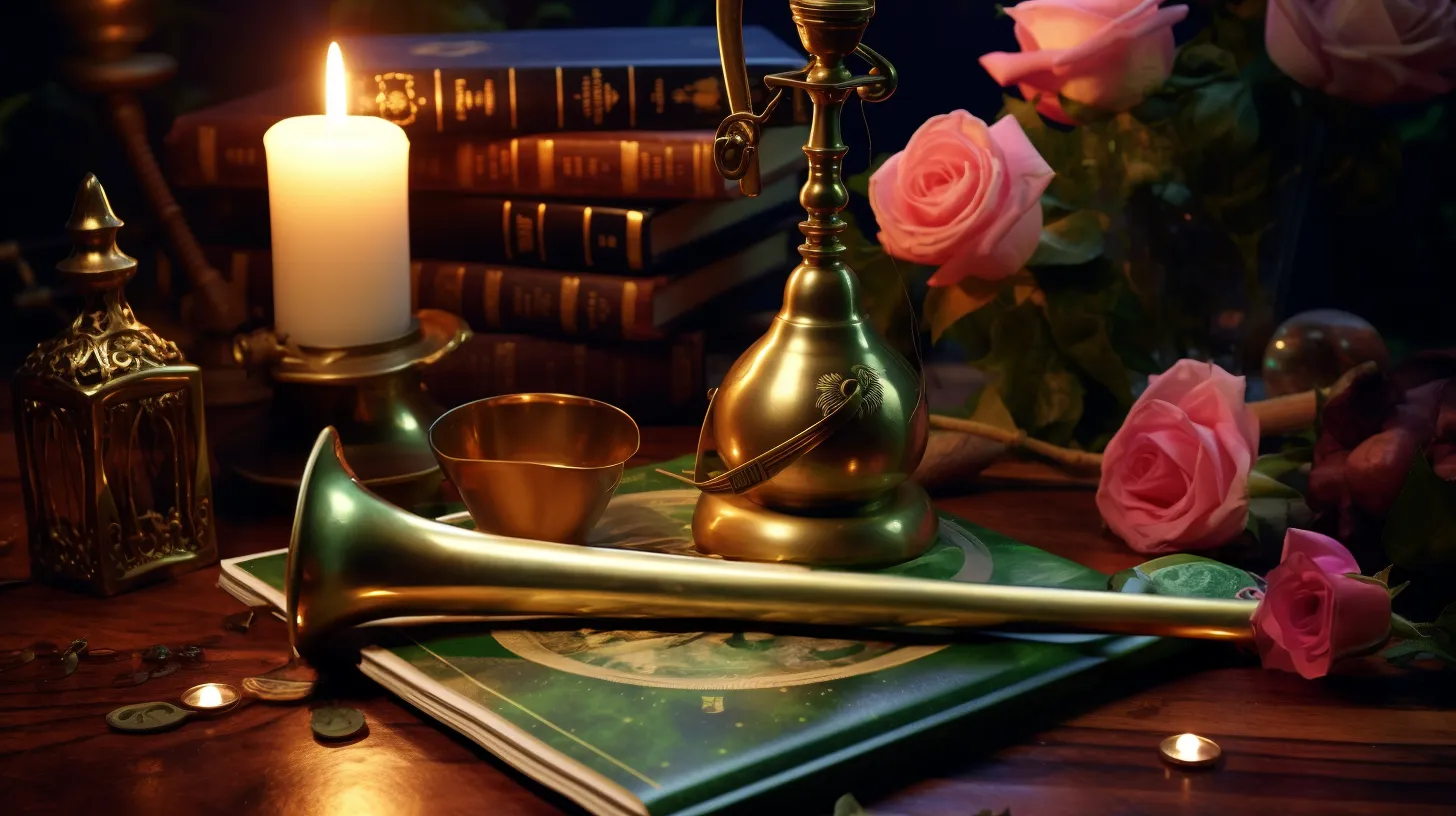 A brass horn trumpet sits on a desk near candles, pink flowers, and books.