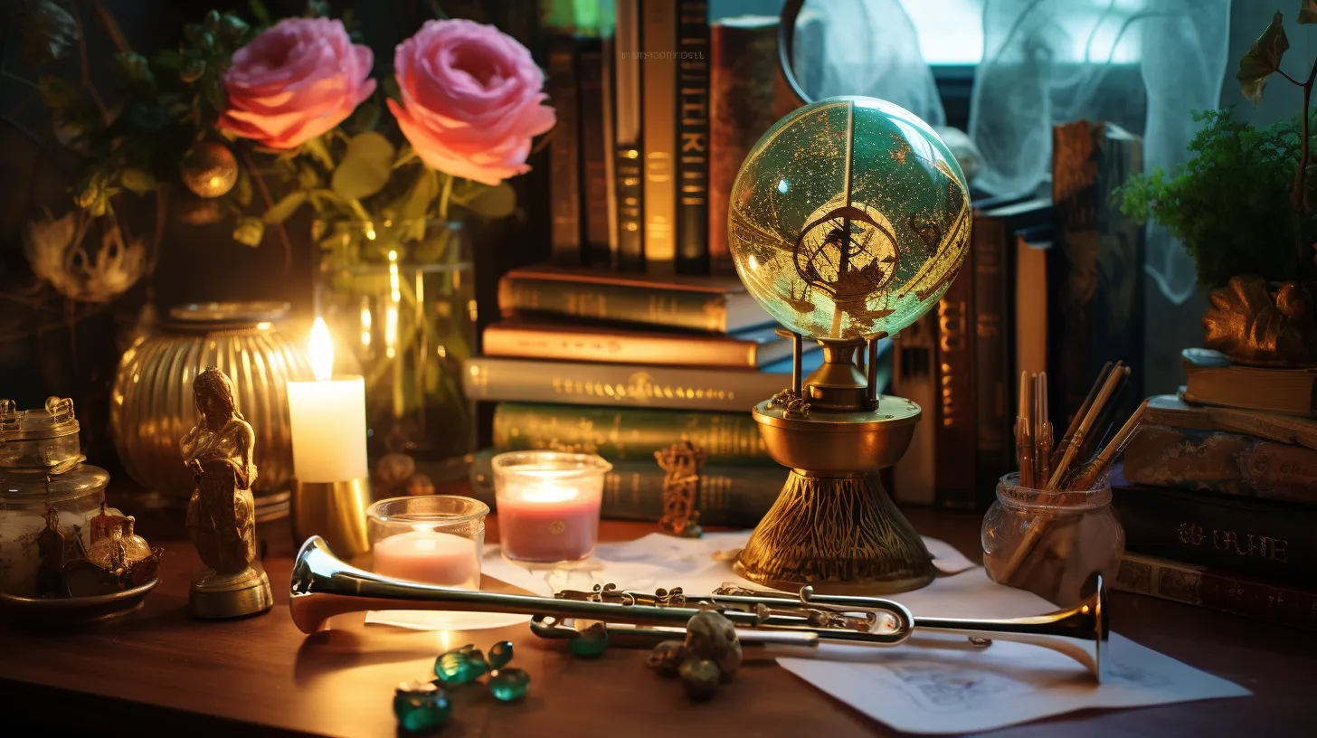 A brass horn trumpet sits on a desk near candles, pink flowers, and books.