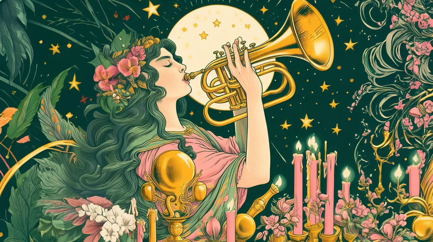 A woman plays a brass trumpet horn. She is wearing pink and green and playing in front of the moon.