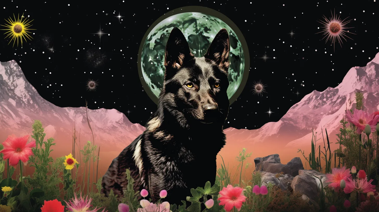 A Jackal sits in front of the full moon surrounded by mountains and flowers