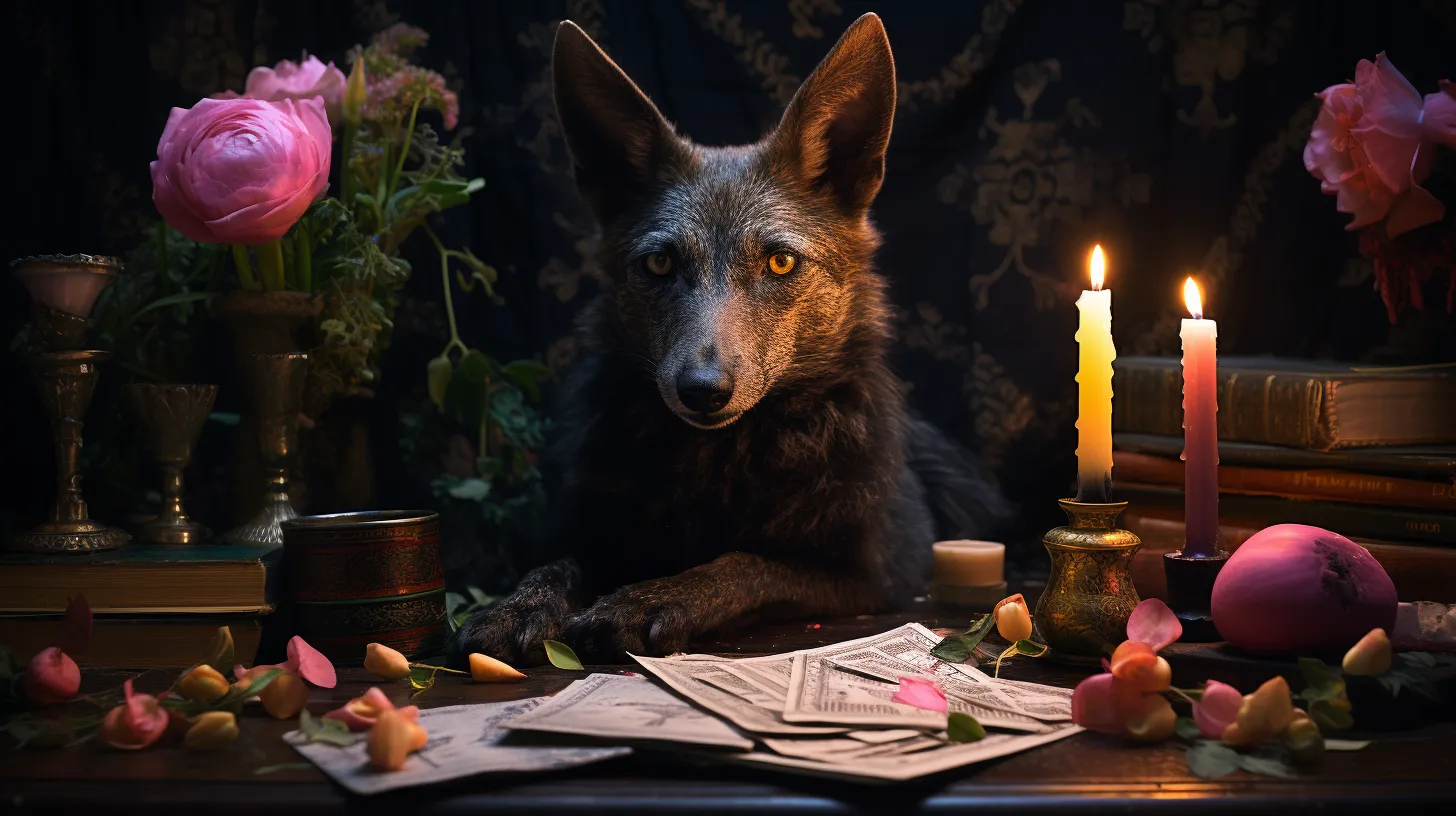 A black jackal rests on a table with tarot cards, flowers, and candles.